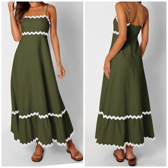 Olive Green Maxi Dress with White Trim - Picture 1 of 14